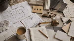 Home refurb decisions flat lay with renovation plans, tile samples, brass fittings, tape measure and design notes.