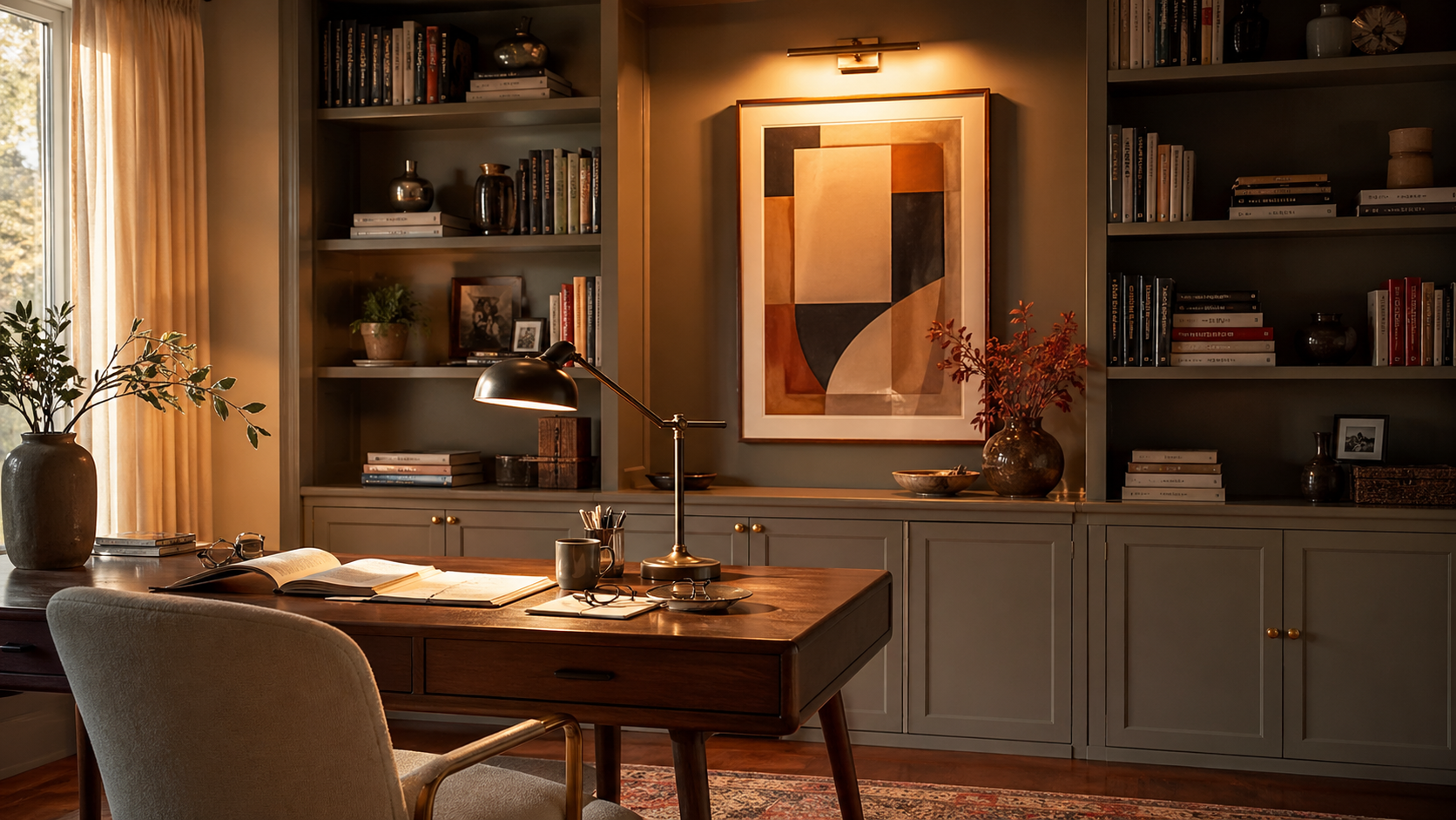 Mid-century home office with desk lamp, built-in bookcases, abstract artwork and brass picture light.